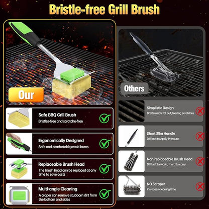 Grill Brush Bristle Free for Outdoor Grill, Steam Grill Cleaning Brush Replaceable BBQ Cleaner Brush Head,Extended Handle, Safe Grill Brush for Cast Iron Stainless-Steel Grates，Light Green