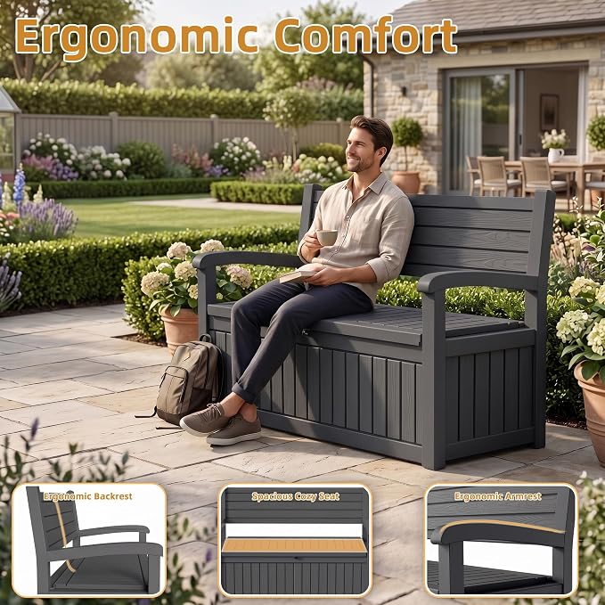 Garden Bench, Outdoor Storage Bench, Resin Patio Furniture Seating | - Image 6
