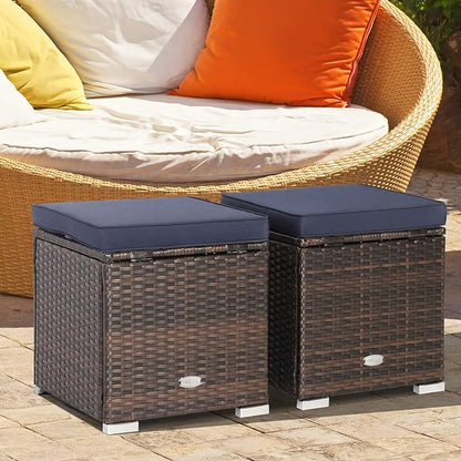 Tangkula 2 Pieces Patio Ottomans, Patiojoy Hand-Woven PE Rattan Side Table with Removable Cushion & Hidden Storage Space, Multifunctional Storage Box, Seat for Patio, Backyard, Poolside (Navy)