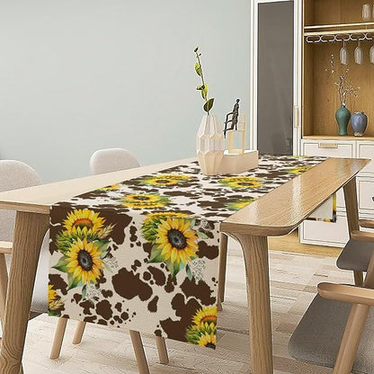 Cow Print Table Runner, Brown Sunflower Cow Print Animal Fur Skin Rustic Cowhide Pattern Table Runner for Kitchen Farmhouse Dining Home Outdoor 13x90in
