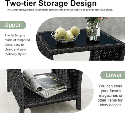 kinbor Small Outdoor Table - Tempered Glass Top Small Outdoor Wicker Side Table with Storage Shelf for Patio, Balcony & Porch, Durable PE Rattan & Iron Frame