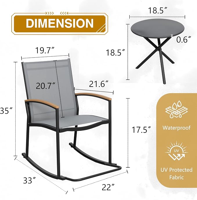 Shintenchi 3 Piece Outdoor Rocking Bistro Set, Textilene Fabric Small Patio - Image 3