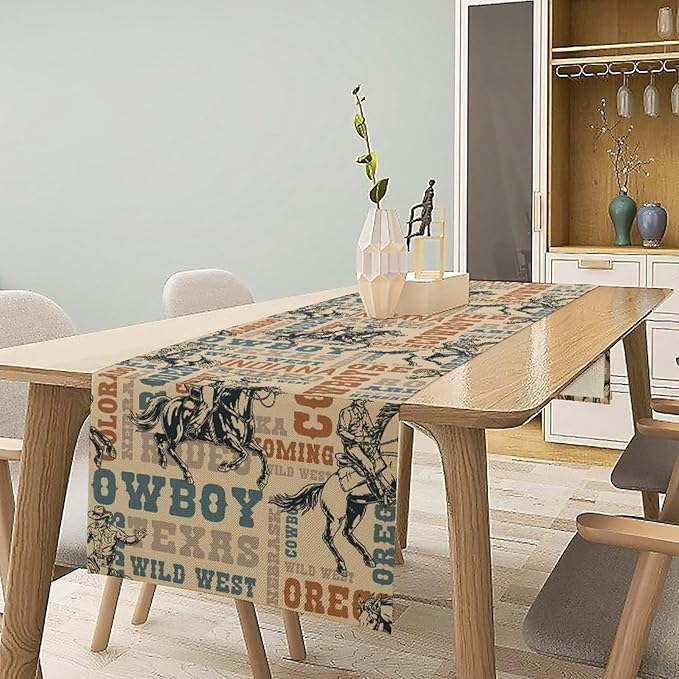 Western Cowboy Table Runner, Vintage Country American West Cowboy Riding Horse Table Runner for Home Kitchen Dining Party Farmhouse Cafe Outdoor 13x108in
