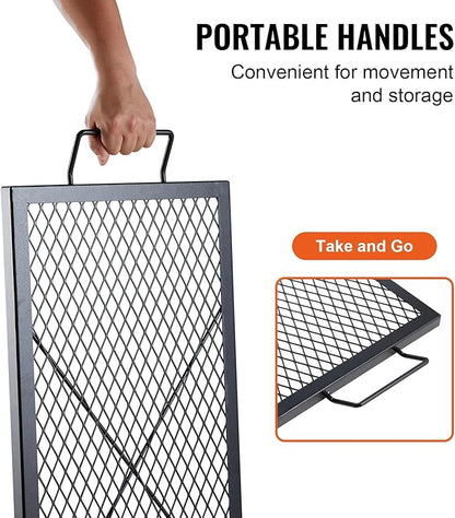 VEVOR X-Marks Fire Pit Grill Grate, Rectangle Cooking Grate, Heavy Duty Steel Campfire BBQ Grill Grid with Handle & Support X Wire, Portable Camping Cookware for Outside Party Gathering, 32 Inch Black