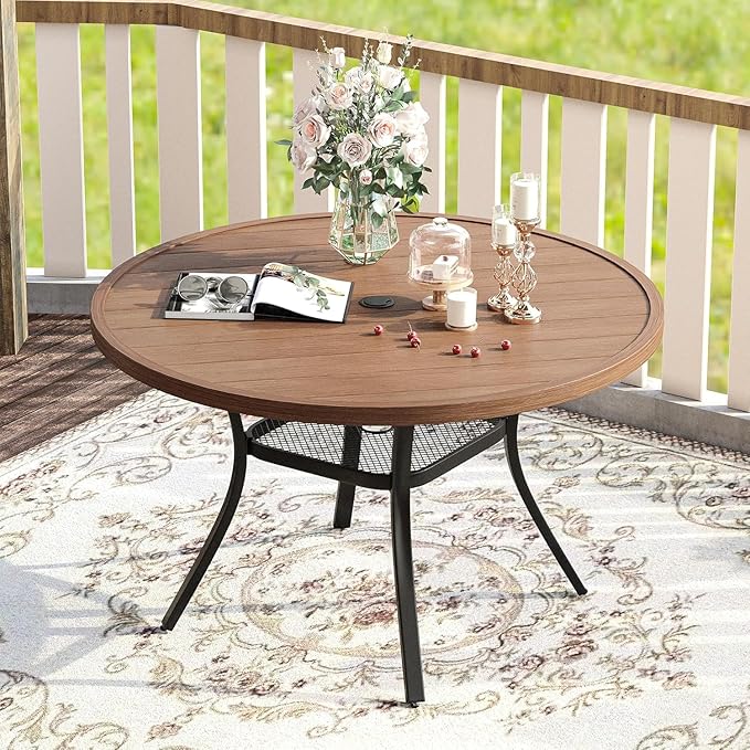 VICLLAX 47.2" Round Patio Table for 6, All Weather Metal Outdoor Dining Table with Adjustable Umbrella Hole, Walnut Wood-Like Tabletop