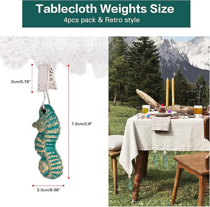 Sungmor Cast Iron Tablecloth Weights - 4 Pack Vintage Green Sea Horse Table Cloth Weights Clip On - Heavy Weights for Picnic Tablecloth, Outdoor Tables, Garden Flags, Curtains
