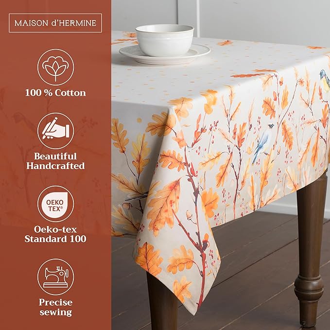 Maison d' Hermine Table Cloth Rectangle Table 100% Cotton 60 x 90 Inches Fall Tablecloth Reusable Everyday Use for Thanksgiving Christmas Decorations Dining Farmhouse Party (Oak Leaves)