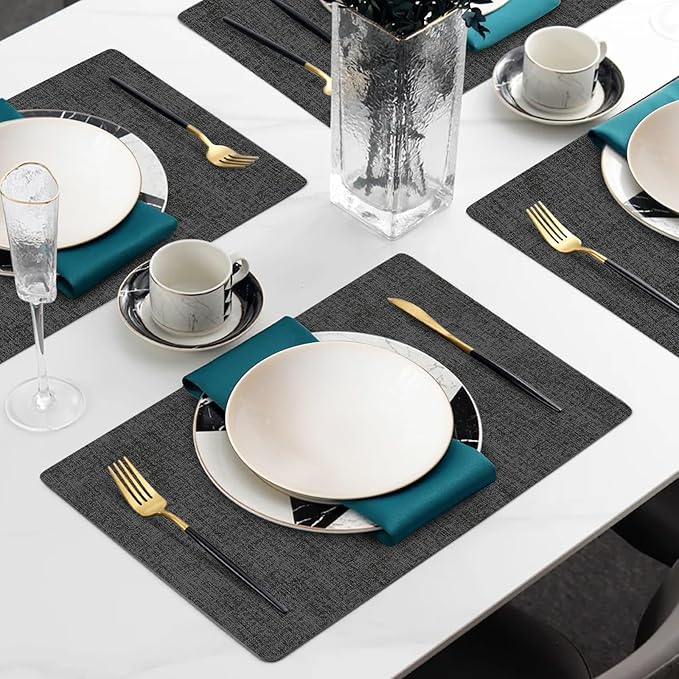 Faux Leather Heat Resistant Placemats Set of 4 – Waterproof Oilproof Wipeable Dining PU Place Mat Easy Clean Table Mats for Kitchen/Dining/Party/Holiday, Dark Grey
