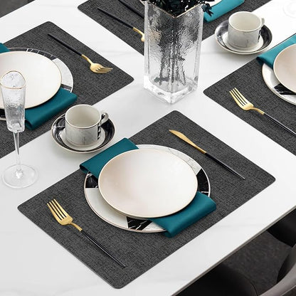 Faux Leather Heat Resistant Placemats Set of 8 – Waterproof Oilproof Wipeable Dining PU Vinyl Place Mat Easy Clean Table Mats for Kitchen/Dining/Party/Holiday, Dark Grey