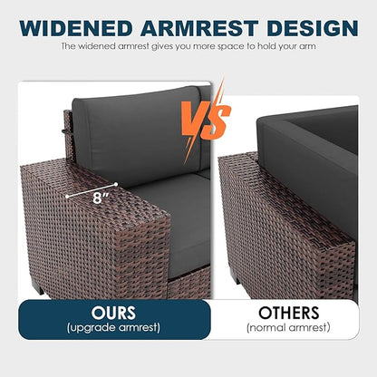 Patio Furniture Set with Fire Pit Table, 7 Piece Outdoor Sectional Conversation Sets Wicker Rattan Sectional Sofa with Coffee Table for Patio Garden Backyard, 4'' Thickened Cushion Dark Grey