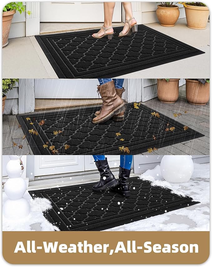 Color&Geometry Front Door Mat Outside Entrance, Heavy Duty Non Slip Low Profile Doormat for Entryway, Trap Dirt and Moisture Welcome Mats All-Weather, Easy Clean, Patio, Garage, 24"x36" Black