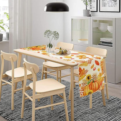 Fall Pumpkin Table Runner, Rustic Autumn Harvest Thanksgiving Sunflower Leaves Table Runner for Kitchen Dining Table Decoration Party Holiday, 13x70inch