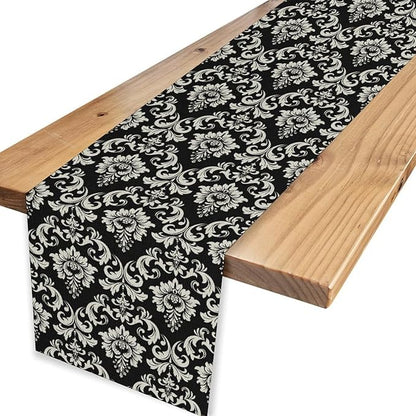 Black Damask Table Runner, Rustic Gothic Baroque Style Floral Boho Flower Antique Coffee Vintage Retro Table Center Decor for Kitchen and Dining Outdoor Home Country Party Table Decorations, 13"x108"