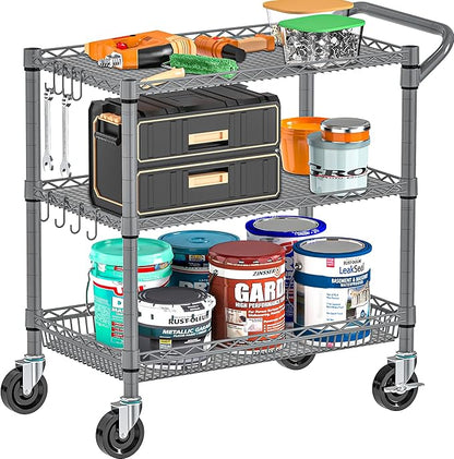 Rolling Cart with Wheels, Heavy Duty 3 Tier Metal Utility Cart 990lbs Capacity, Multi-Purpose Wire Rolling Storage Trolley for Kitchen Garage Office Commercial Use, Gray