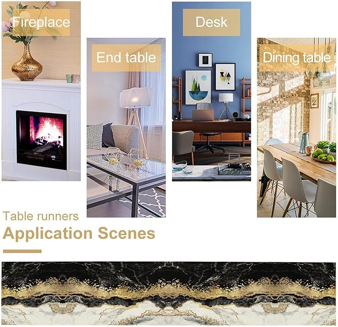 Marble Table Runner, Ink Golden Marble Texture Table Runner for Kitchen Wedding Farmhouse Indoor Outdoor Home Party 13x120in