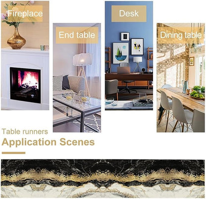 Marble Table Runner, Ink Golden Marble Texture Table Runner for Kitchen Wedding Farmhouse Indoor Outdoor Home Party 13x70in