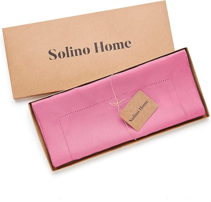 Solino Home Linen Table Runner 36 Inches - 100% Pure Linen Flamingo Pink Hemstitch Table Runner 14 x 36 Inch Ideal for Dresser and Coffee Tables, Valentines, Spring, Easter - Classic Hemstitch