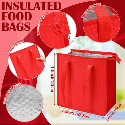 10 Pack Large Insulated Grocery Bags Reusable Shopping Bags with Zippered Top 13 x 12 x 7 Inch Thermal Cooler Totes Bulk with Handles for Hot Cold Food Delivery Refrigerator(Red)