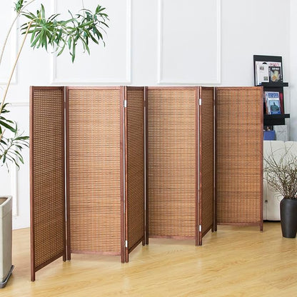 6 Panel Short Room Divider Screen,Brown Freestanding Partition,Small Bamboo Panel Divider for Room Seperation,3.95 FT Tall