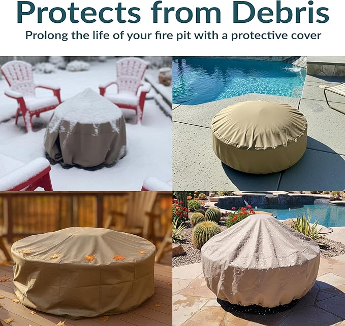 Sunnydaze Round Outdoor Fire Pit Cover - Heavy-Duty 300D Polyester and PVC with Drawstring Closure - Khaki - 36-Inch