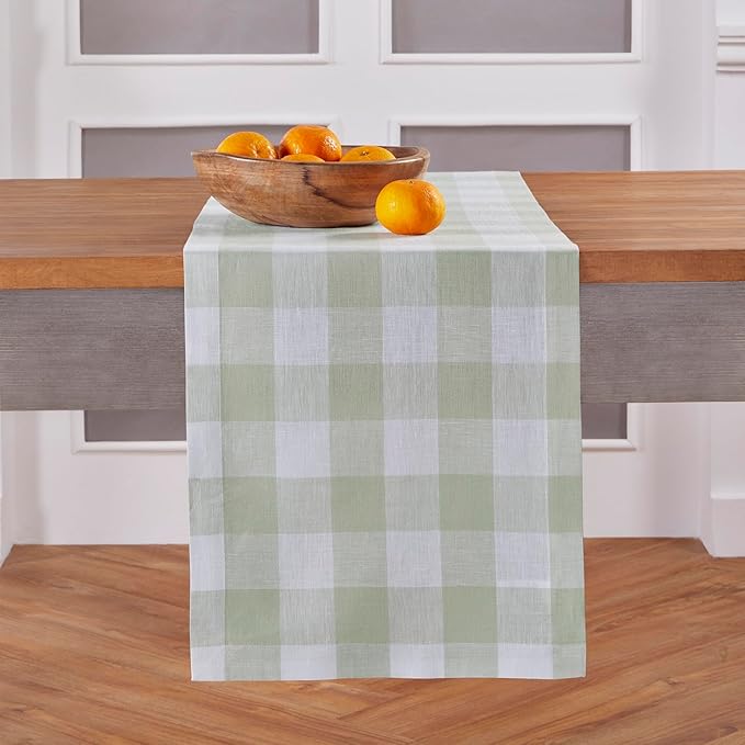 Solino Home Linen Checkered Table Runners 72 Inches Long - 100% Pure Linen Sage and White Buffalo Check Table Runner 14 x 72 Inch Ideal for Dresser, Dining, Winter, Spring, St Patricks Day, Easter