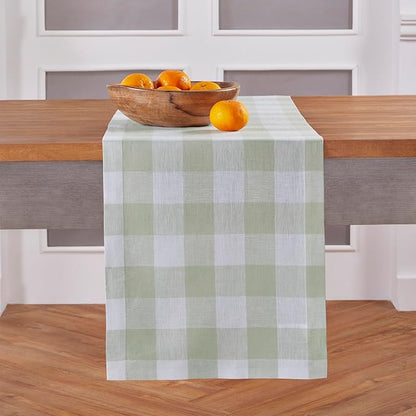 Solino Home Linen Checkered Table Runners 72 Inches Long - 100% Pure Linen Sage and White Buffalo Check Table Runner 14 x 72 Inch Ideal for Dresser, Dining, Winter, Spring, St Patricks Day, Easter