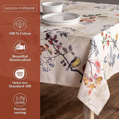Maison d' Hermine Table Cloth Rectangle Table 100% Cotton 70 x 90 Inches Fall Tablecloth Reusable Everyday Use for Thanksgiving Christmas Decorations Dining Farmhouse Party (Equinoxe - Beige)