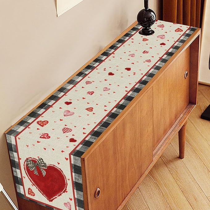 Valentines Day Table Runner,Vintage Red Black Heart Buffalo Plaid Valentines Decor for Table Seasonal Lovely Decor for Indoor Outdoor Dining Table Decorations, 13"x72"