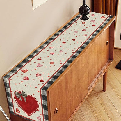 Valentines Day Table Runner,Vintage Red Black Heart Buffalo Plaid Valentines Decor for Table Seasonal Lovely Decor for Indoor Outdoor Dining Table Decorations, 13"x72"