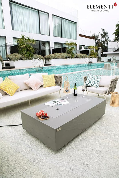 Elementi+ | Bundle Meteora Gas Fire Pit Cast Concrete 56" Rectangular Fire Table, Outdoor Fire Pit Electronic Ignition | Canvas Cover, Fire Glass and Burner Lid Included | Light Gray | Propane Gas