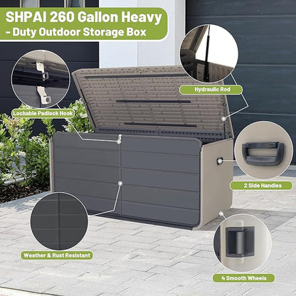 260 Gallon Outdoor Storage Box, Deck Boxes Outdoor Waterproof, Patio Storage Box, Outdoor Storage Box Waterproof, Resin, Heavy-Duty & Lockable for Backyard, Garden, Pool