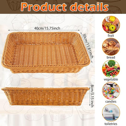 Tioncy 10 Pcs Poly Wicker Bread Basket 15.75 x 11.81 x 3.15" Woven Bread Imitation Rattan Fruit Basket Tray Stackable Rectangular Food Baskets for Serving Display Storage Kitchen Restaurant Vegetable