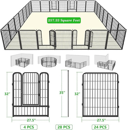 Garden Fence with Gate Metal Fencing Outdoor for Yard, 32in x64ft 28 Panels Outdoor Dog Fence Temporary Fence for Dogs Outside, Rustproof Garden Fencing Flower Bed Edging for Patio