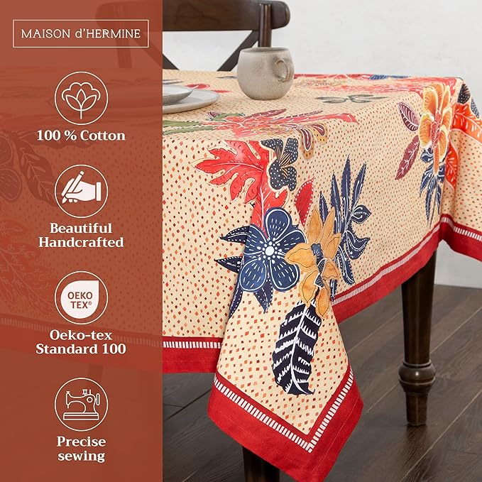 Maison d' Hermine Table Cloth Rectangle Table 100% Cotton 60 x 120 Inches Fall Tablecloth Reusable Everyday Use for Thanksgiving Christmas Decorations Dining Farmhouse Party (Kalahari)