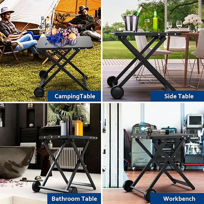 Portable Grill Table, Outdoor Prep Table with 2 Wheels, Pizza Oven Cart for Ninja Woodfire/XL Pro, Weber Q, Blackstone, Napoleon,Ooni Table Top Grill, Folding Grill Cart for Camping, RV