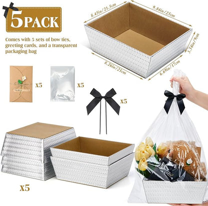 Wonderjune 20 Pcs Valentines Day Gift Baskets Empty To Fill Baskets For Gifts Empty With Gift Bag Bow Valentines Gifts Storage Basket Bulk for Wedding Party Wrapping(Diagonal Silver)