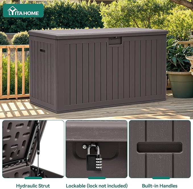 YITAHOME 200 Gallon Extra Large Deck Box, Double-Wall Resin Outdoor Storage Box with Flexible Divider for Patio Cushions Pool Supplies Garden Tools, 990 lbs Load Capacity, Lockable (Brown)