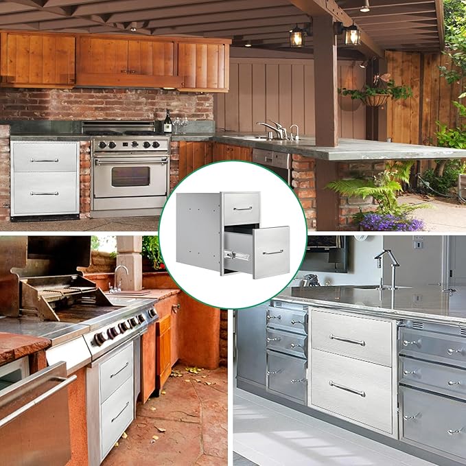 Outdoor Kitchen Drawers 14" W x 21" H x 21" D Stainless Steel Double Drawers with Ergonomic Handle for BBQ Island, Patio Grill Station & Outdoor Kitchen Cabinets