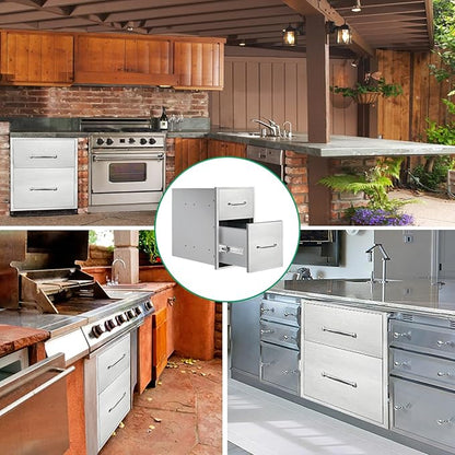 Outdoor Kitchen Drawers 14" W x 21" H x 21" D Stainless Steel Double Drawers with Ergonomic Handle for BBQ Island, Patio Grill Station & Outdoor Kitchen Cabinets