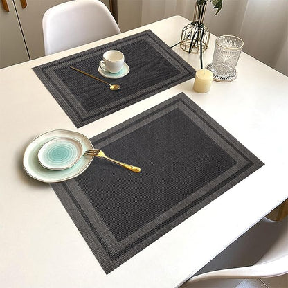 Placemats Set of 6 Washable&Wipeable Place mats for Dining Table Kitchen Indoor Outdoor Table Mats Heat Resistant Non Slip Woven Vinyl Table Placemats (Black，6PCS)