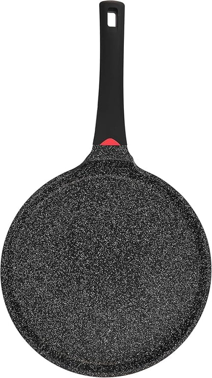 Non Stick 11 Inch Granite Coated Crepe Pan - Lightweight 4.27 Quart Dosa Pan with Comfort Stay Cool Grip Handle - Induction Compatible PFOA Free Tortilla Cookware (Black)