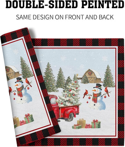 Giwawa Christmas Truck Placemats Set of 4 Winter Snowman Xmas Trees Place Mat with Black Red Buffalo Plaids 12"x18" Snow Farm Scene Non Slip Table Mats for Kitchen Dining Holiday Party Decor
