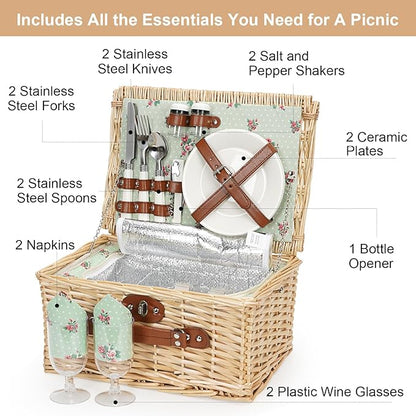 ZORMY Wicker Picnic Basket for 2 Person, Willow Hamper Basket Sets with Insulated Compartment, Handmade 2 Person Picnic Basket for Camping - Flower