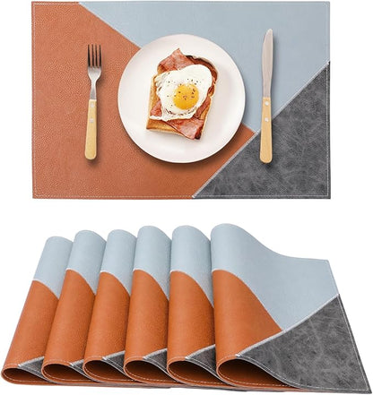 Faux Leather Placemats Set of 6 Waterproof,Reversible Geometric Pattern PU Placemat for Dining Table,Heat Resistant Wipeable Anti Slip Washable Table Mats,Modern Table Protectors