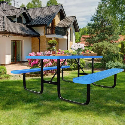 6FT Rectangular Metal Picnic Table for Outdoors, Commercial Steel Metal Picnic Tables, Heavy Duty Sturdy Picnic Tables Furniture Set for Patio Garden Courtyard BBQ, with Umbrella Hole, Blue
