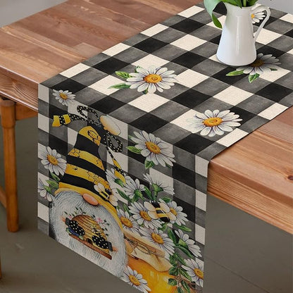 Seliem Spring Bee Gnome Table Runner, Honey Black White Buffalo Plaid Check Home Kitchen Dining Decor, Summer Seasonal Farmhouse Daisy Decorations Indoor Outdoor Anniversary Party Supply 13 x 72 Inch