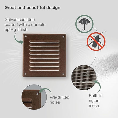 Vent Systems - 5 x 5 Inch (Inner) Pack of 2 Brown Metal Square Soffit Air Vent Grille Cover, Register Vent Deflector Louver Built-in Mesh HVAC for Bathroom Home Office Kitchen 6.5" x 6.5" (Outer)
