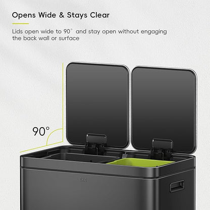 EKO Edison 8+8 Gallon Dual Trash Can for Recycling and Trash, Stainless Steel Kitchen Step Can with Dual Removable Inner Bucket, Independent Lids and Pedals, Black