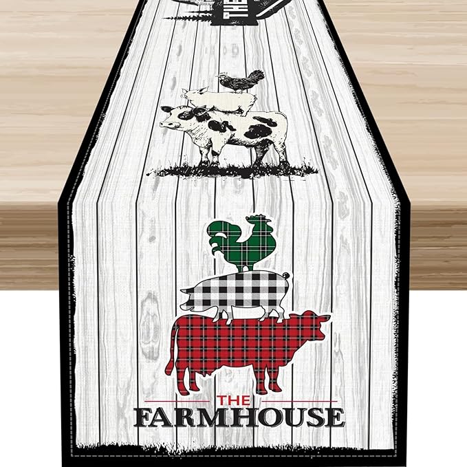 Farmhouse Pig Cow Table Runner, Rustic Black Rooster Animals Coffee Table Center Decor for Family Kitchen Dining Room and Living Room Outdoor Country Holiday Party Table Decorations, 13" X 108"