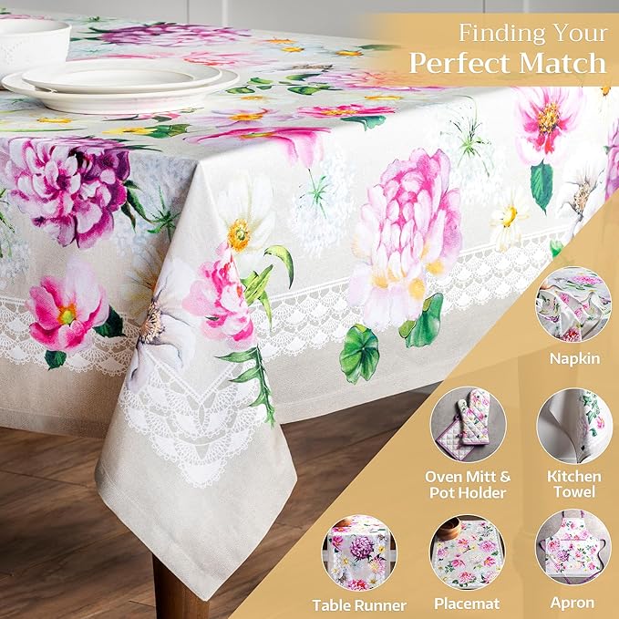 Maison d' Hermine Table Cloth Rectangle Table 100% Cotton 60 x 120 Inches Tablecloth Reusable Decorative Everyday Use for Dining Room, Farmhouse, Home, Party, Festive & Wedding Spring Summer - Pivoine